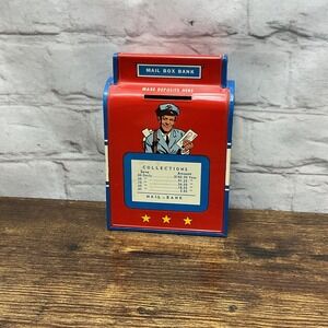 Vintage Ohio Art Mailman Metal Tin US Mail Box Coin Bank Blue Red 1960's